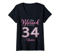 Femme Béni par Dieu pour 34 Ans, 34e Anniversaire, 34e Anniversaire T-Shirt avec Col en V