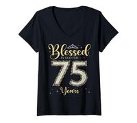 Femme Béni par Dieu pour 75 Ans 75e Anniversaire 75e Anniversaire T-Shirt avec Col en V