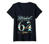 Femme Béni par Dieu pour la fête du 64e Anniversaire des 64 Ans T-Shirt avec Col en V