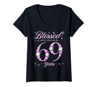 Femme Béni par Dieu pour la fête du 69e Anniversaire des 69 Ans T-Shirt avec Col en V