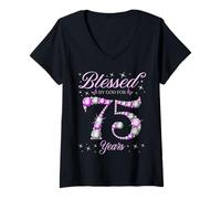 Femme Béni par Dieu pour la fête du 75e anniversaire des 75 ans T-Shirt avec Col en V