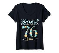 Femme Béni par Dieu pour la fête du 76e Anniversaire de 76 Ans T-Shirt avec Col en V