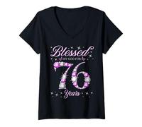 Femme Béni par Dieu pour la fête du 76e anniversaire de 76 ans T-Shirt avec Col en V