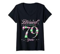 Femme Béni par Dieu pour la fête du 79e anniversaire des 79 ans T-Shirt avec Col en V