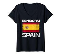 Femme Benidorm Drapeau Espagne Design Fière Drapeau Espagne T-Shirt avec Col en V
