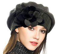 Femme Béret Français 100% Laine Bérets Bonnet en Tricot Floral Bonnet Tête de Mort Robe Chapeau d'hiver (Vert,M)