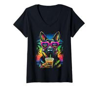 Femme Berger Allemand avec Lunettes de Soleil Café glacé Plage été T-Shirt avec Col en V