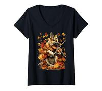 Femme Berger Allemand avec Violon Feuilles d'automne Chien violoniste Automne T-Shirt avec Col en V