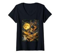 Femme Berger Allemand Hurlant à la Lune drôle Nuit T-Shirt avec Col en V