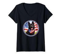 Femme Berger Allemand Mignon et drôle Chien Chiot Drapeau américain T-Shirt avec Col en V