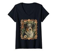 Femme Berger Australien Aussie Vintage William Morris Style T-Shirt avec Col en V