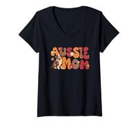 Femme Berger Australien Red Tri Groovy Aussie Mom T-Shirt avec Col en V