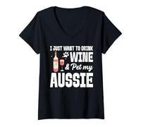 Femme Berger Australien Veut Boire du vin Pet My Aussie T-Shirt avec Col en V