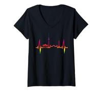 Femme Berlin Skyline Heartbeat LGBT Rainbow Gay Pride Queer Love T-Shirt avec Col en V