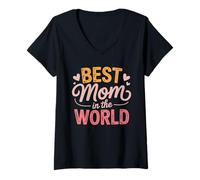 Femme Best Mom in The World Typographie Rétro Coeurs Maman T-Shirt avec Col en V