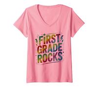 Femme Besties First Grade Rocks First Day Band Teacher Crew Bruh T-Shirt avec Col en V