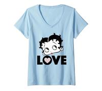 Femme Betty Boop Love Face Cœur à Pois T-Shirt avec Col en V, Bleu Céleste, M