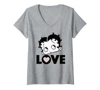Femme Betty Boop Love Face Cœur à Pois T-Shirt avec Col en V, Gris Chiné, M