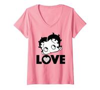 Femme Betty Boop Love Face Cœur à Pois T-Shirt avec Col en V, Rose, S