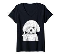 Femme Bichon Frise Doigt d'honneur Sarcastique Amoureux des Chiens T-Shirt avec Col en V