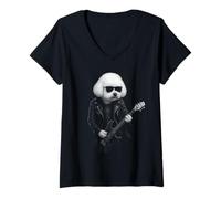 Femme Bichon Frise Jouant de la Guitare Rock Music Amoureux des Chiens T-Shirt avec Col en V