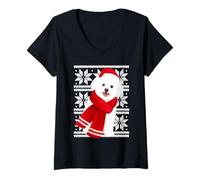 Femme Bichon Frise Ugly Christmas Holiday Amoureux des Chiens T-Shirt avec Col en V