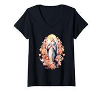 Femme Bienheureuse Mère Marie Mère de Jésus Roses Notre-Dame Catholique T-Shirt avec Col en V