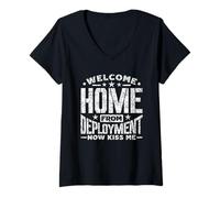 Femme Bienvenue À La Maison Déploiement Embrassez-Moi Soldat T-Shirt avec Col en V