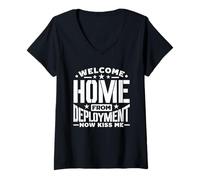 Femme Bienvenue À La Maison Déploiement Embrassez-Moi Soldat T-Shirt avec Col en V