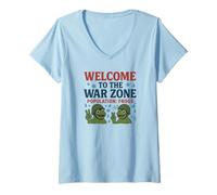 Femme Bienvenue dans la Zone de Guerre - Parodie des Grenouilles de Population T-Shirt avec Col en V