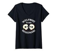 Femme Bienvenue dans Ton Cauchemar Drôle Crâne Effrayant T-Shirt avec Col en V