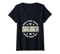 Femme Bienvenue Soldat À La Maison Embrasse-Moi Soldats Militaire T-Shirt avec Col en V