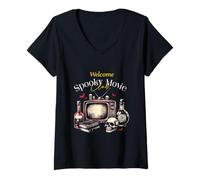 Femme Bienvenue Spooky Movie Club Vintage Horror Night Design T-Shirt avec Col en V