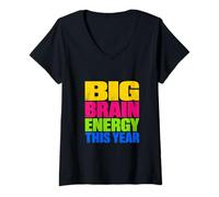 Femme Big Brain Energy This Year Typographie colorée audacieuse T-Shirt avec Col en V