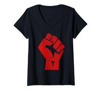 Femme Big Red Levé Poing Salut d'Unité Solidarité Résistance T-Shirt avec Col en V