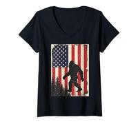 Femme Bigfoot Big Foot Drapeau américain Sasquatch 4 Juillet Merica T-Shirt avec Col en V