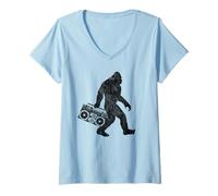 Femme Bigfoot Boom Box Radio Silhouette Graphique rétro T-Shirt avec Col en V
