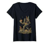 Femme Bigfoot Champignons à la Recherche de Champignons Amusants Cottagecore T-Shirt avec Col en V