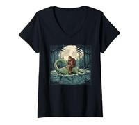 Femme Bigfoot chevauchant Le Monstre du Loch Ness au Clair de Lune sur Le lac Cryptid T-Shirt avec Col en V