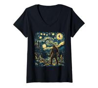 Femme Bigfoot dans la nuit de la forêt étoilée inspirée de l'art Van Gogh T-Shirt avec Col en V