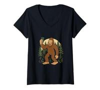 Femme Bigfoot dans une forêt, selfie, Good Morning T-Shirt avec Col en V