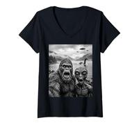 Femme Bigfoot et Alien Selfie avec Le Monstre du Loch Ness UFO T-Shirt avec Col en V