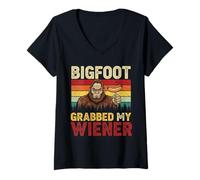 Femme Bigfoot Grabbed My Wiener Drôle Rétro Bigfoot Vintage Humour T-Shirt avec Col en V