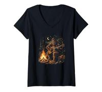Femme Bigfoot Jouant de la Guitare Acoustique Autour d'un feu de Camp - Camping T-Shirt avec Col en V