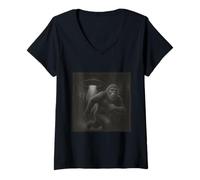 Femme Bigfoot Night Encounter - Scène d'enlèvement de forêt Cosmique T-Shirt avec Col en V