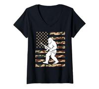 Femme Bigfoot Patriotique avec Fusil sur Camouflage Drapeau américain USA 2A T-Shirt avec Col en V