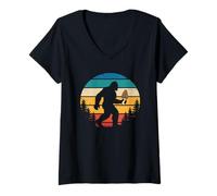 Femme Bigfoot portant des morilles mycologie rétro pour la recherche de champignons T-Shirt avec Col en V