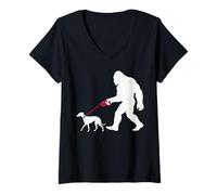Femme Bigfoot rétro Chien promeneur lévrier drôle Sasquatch T-Shirt avec Col en V