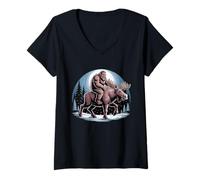 Femme Bigfoot Riding a Moose Drôle Sasquatch Cryptozoology T-Shirt avec Col en V