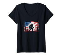 Femme Bigfoot Sasquatch Drapeau Américain Patriotique Nature T-Shirt avec Col en V